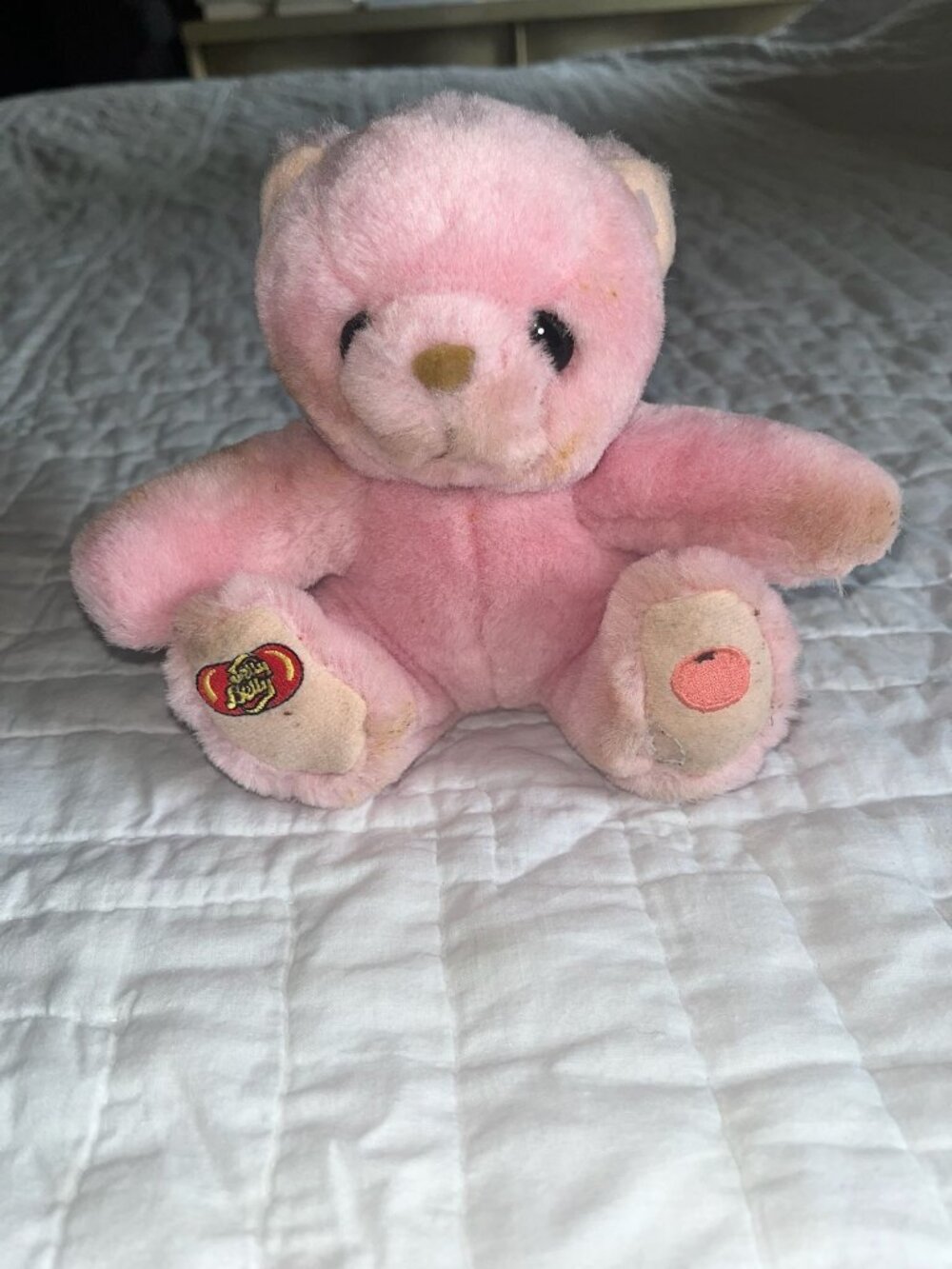 Vintage Jelly Belly Pink Plush Teddy Bear With Worn Details - Collectible Toy